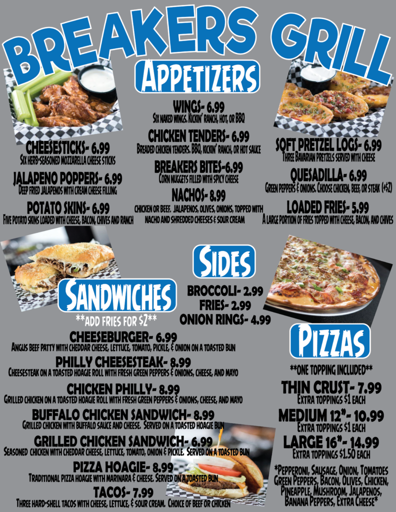 menu pizza burger 4 Breakers Grill